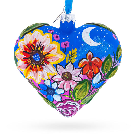 Moonlit Floral Meadow Heart Glass Ornament