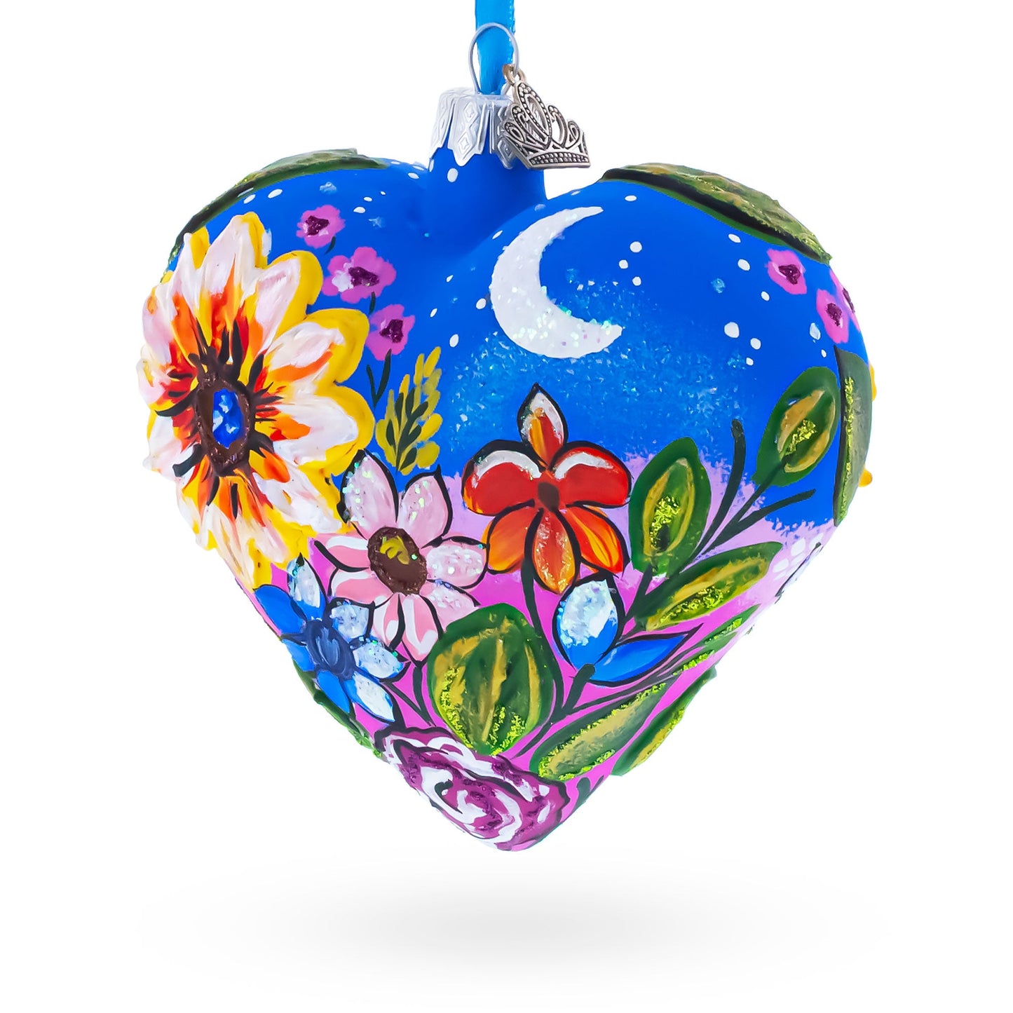 Moonlit Floral Meadow Heart Glass Ornament