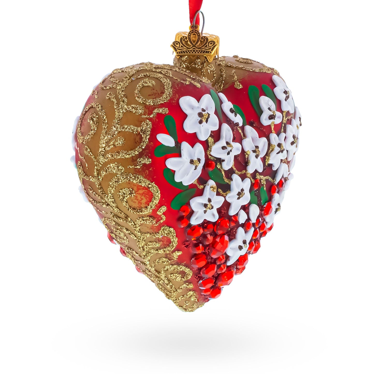 Embellished Ruby Floral Heart Glass Ornament