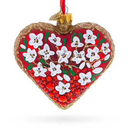 Embellished Ruby Floral Heart Glass Ornament