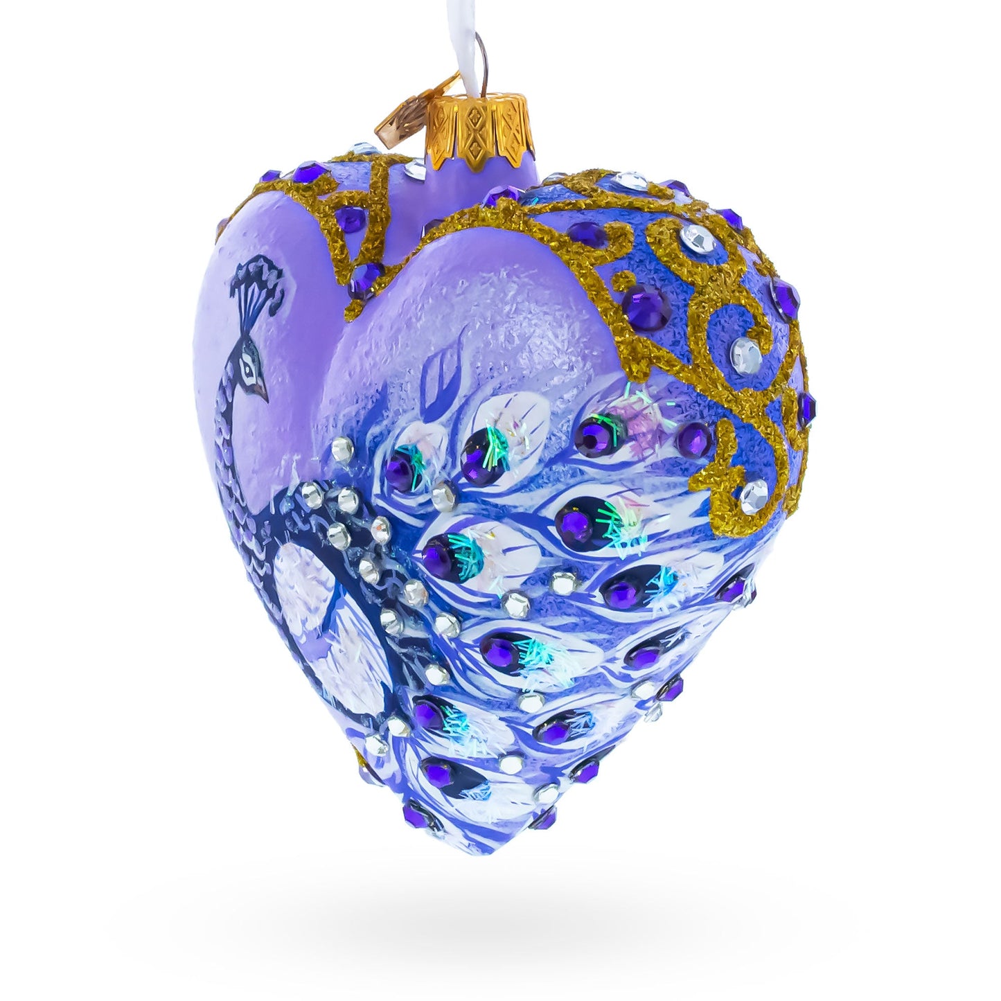 Royal Purple Peacock Heart Glass Ornament