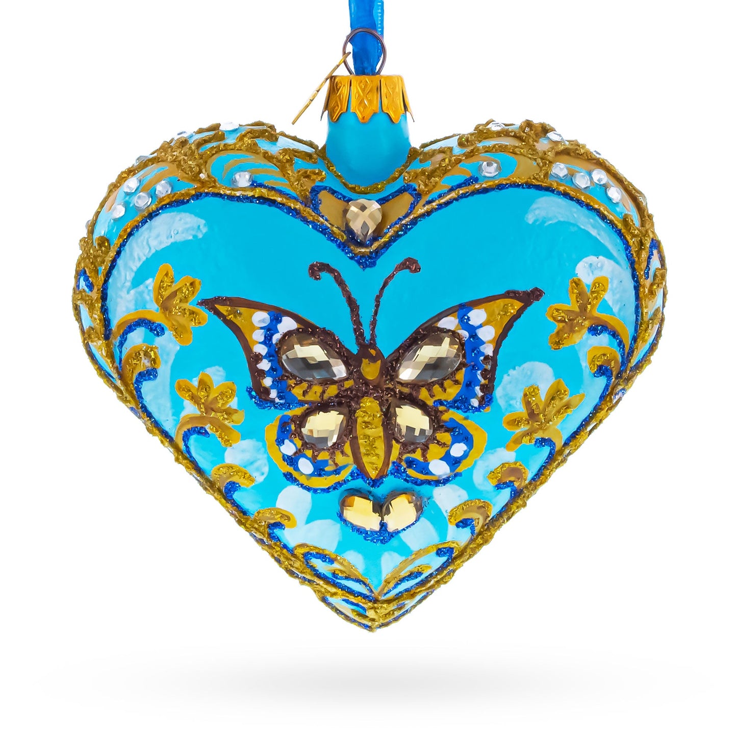 Turquoise Butterfly Elegance Heart Glass Ornament