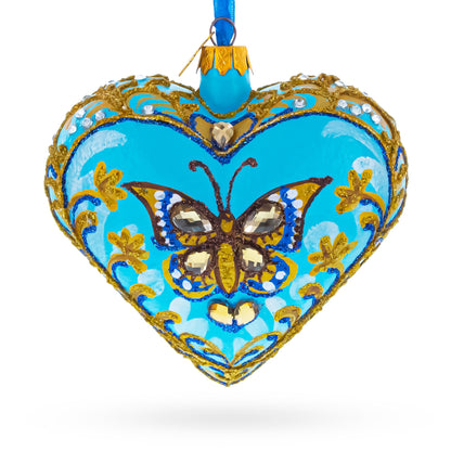 Turquoise Butterfly Elegance Heart Glass Ornament