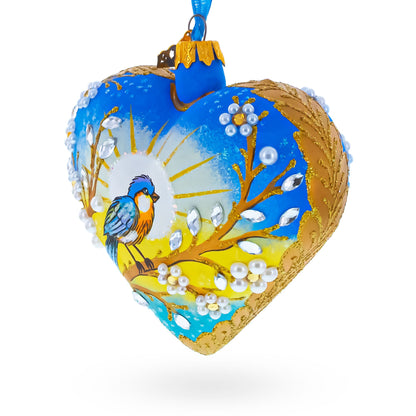 Golden Sunrise Bird Heart Glass Ornament