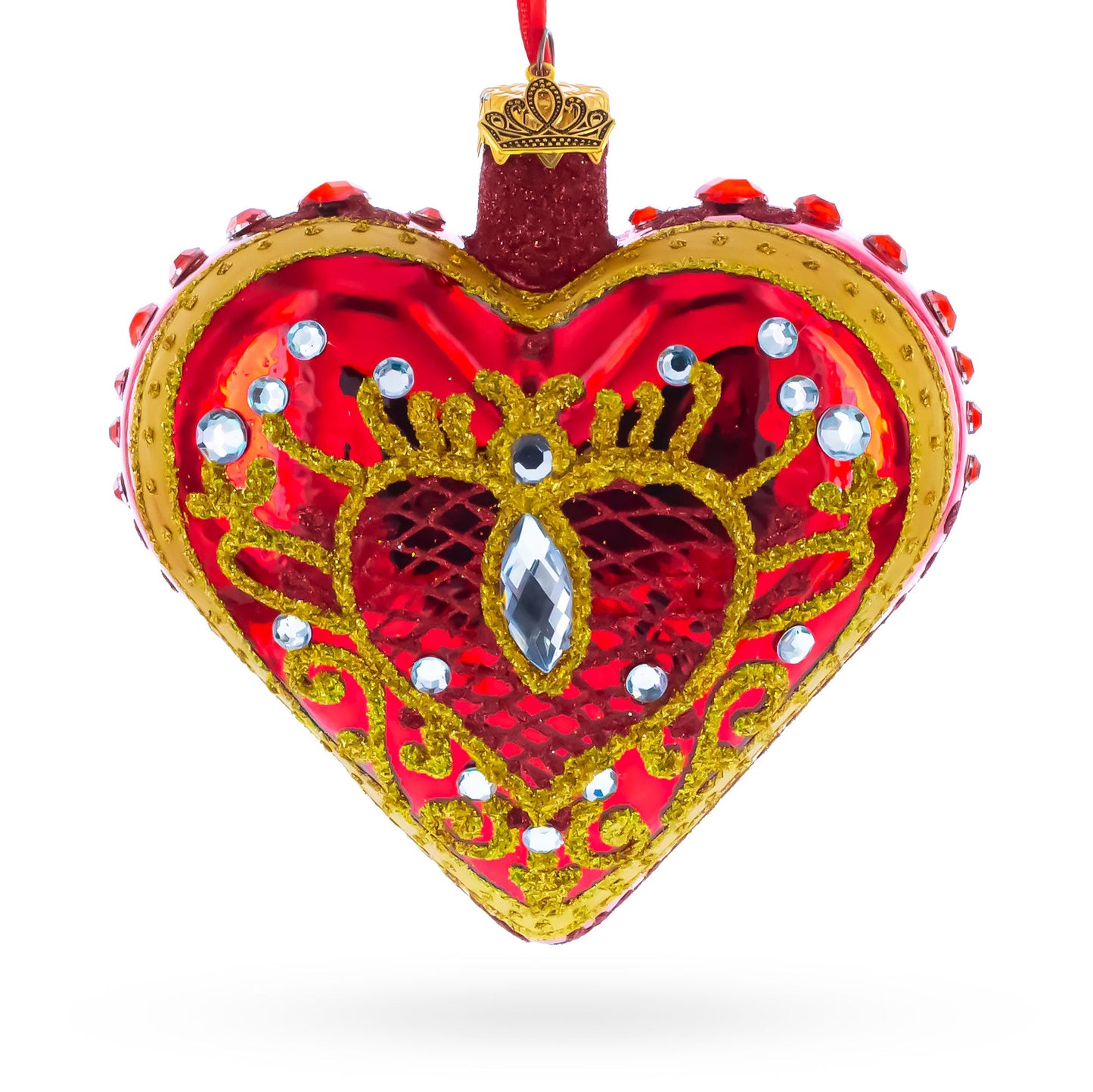 Regal Red Jeweled Glass Heart Ornament