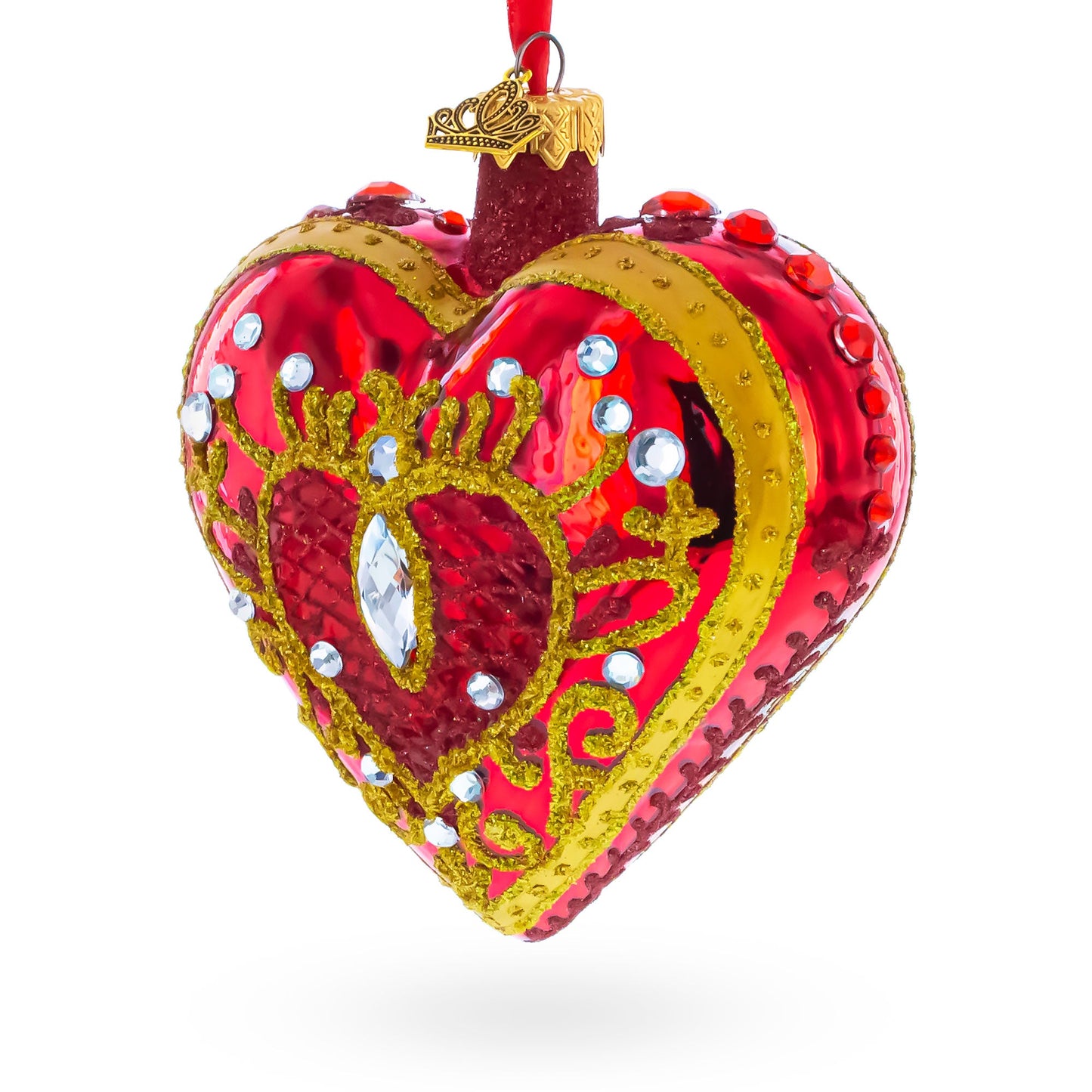 Regal Red Jeweled Glass Heart Ornament