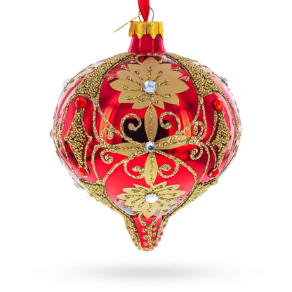 Regal Red & Gold Scrollwork Jeweled Onion-Shape Finial Glass Christmas Ornament