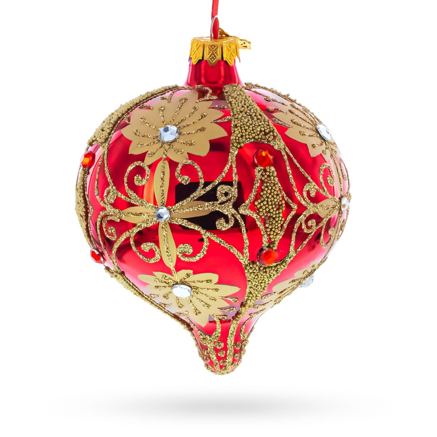 Regal Red & Gold Scrollwork Jeweled Onion-Shape Finial Glass Christmas Ornament