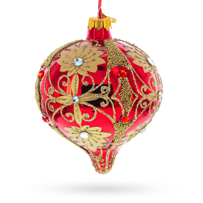 Regal Red & Gold Scrollwork Jeweled Onion-Shape Finial Glass Christmas Ornament