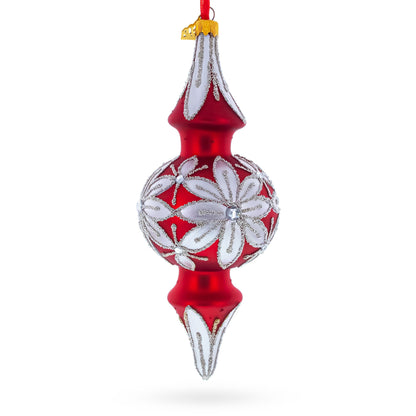 Silver Jeweled Poinsettia Bloom Double-Ended Finial Drop Glass Christmas Ornament