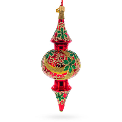 Holly & Gold Scroll Double-Ended Finial Drop Glass Christmas Ornament