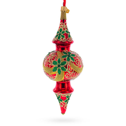Holly & Gold Scroll Double-Ended Finial Drop Glass Christmas Ornament