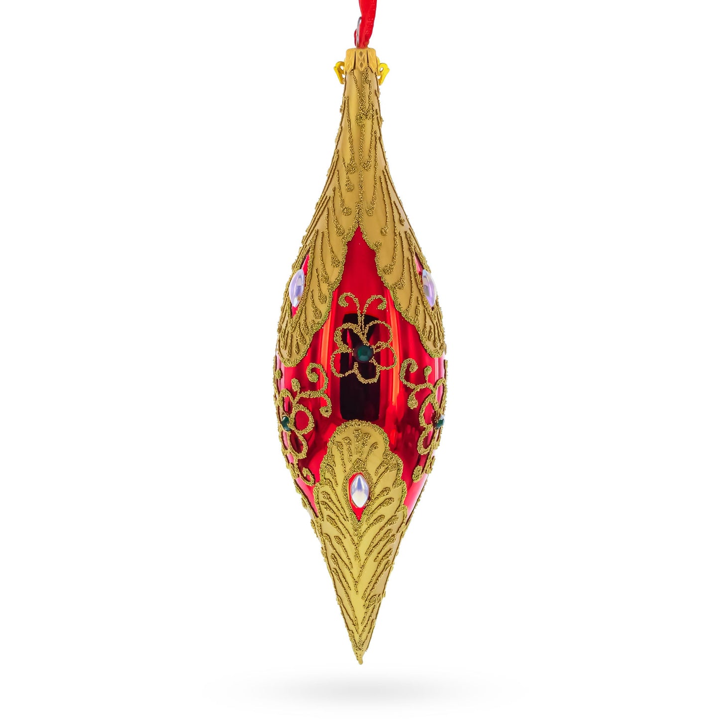 Gilded Petal & Pearl Elongated Pointed Teardrop Finial Glass Christmas Ornament