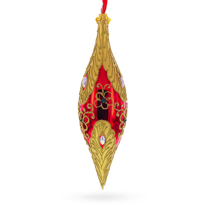 Gilded Petal & Pearl Elongated Pointed Teardrop Finial Glass Christmas Ornament