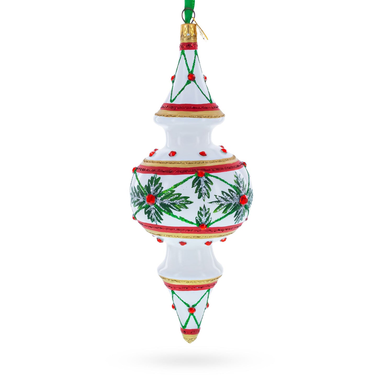 Winter Lattice & Holly Star Jeweled Double-Ended Finial Drop Glass Christmas Ornament