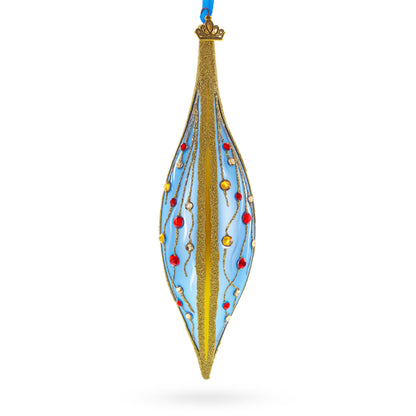 Blue and Gold Jeweled Vine Elongated Pointed Teardrop Finial Glass Christmas Ornament