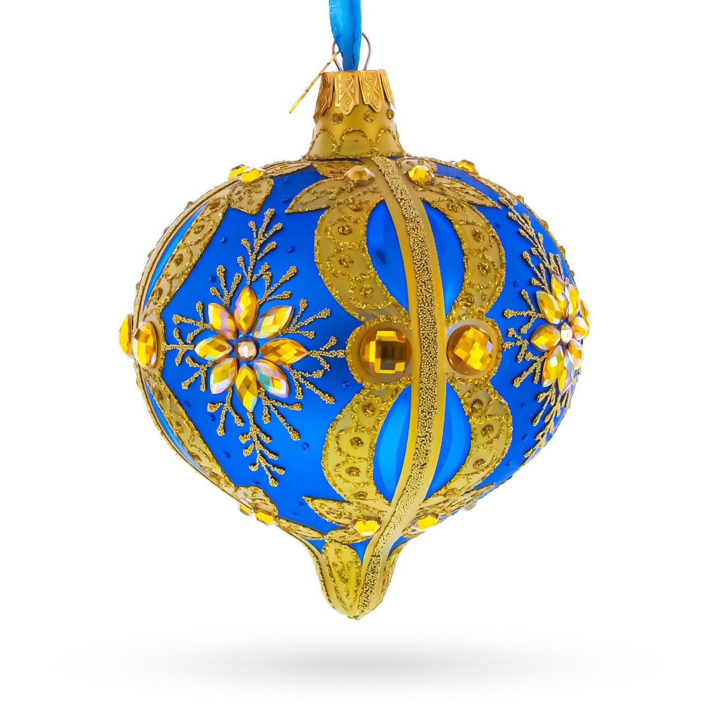 Blue and Gold Jeweled Floral Burst Onion-Shape Finial Glass Christmas Ornament