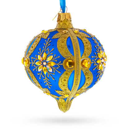 Blue and Gold Jeweled Floral Burst Onion-Shape Finial Glass Christmas Ornament