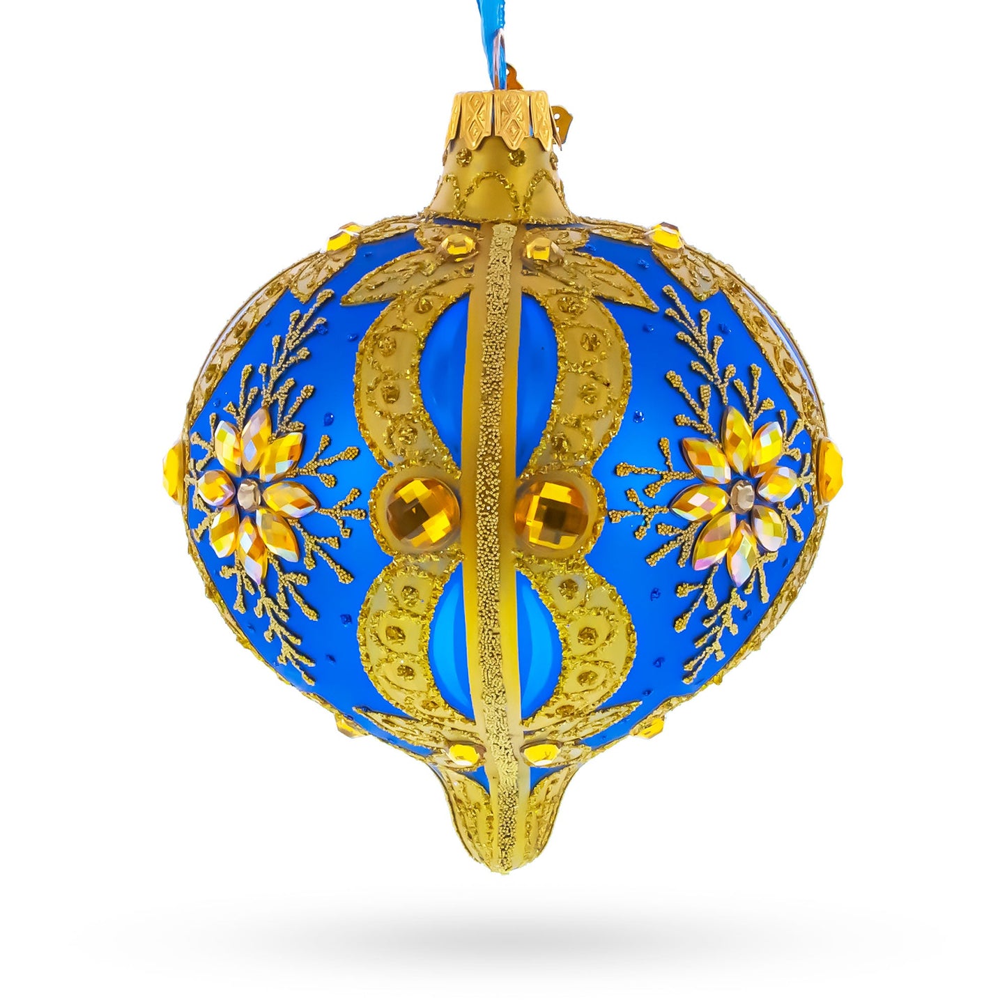 Blue and Gold Jeweled Floral Burst Onion-Shape Finial Glass Christmas Ornament