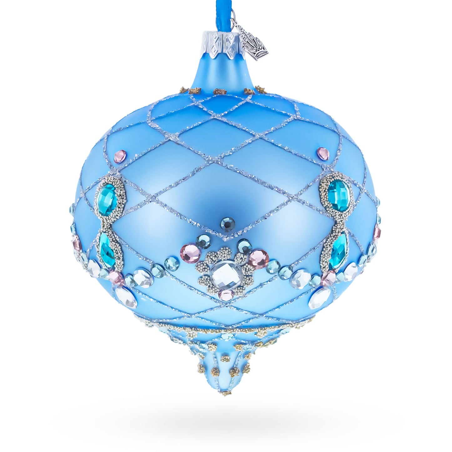 Blue Jeweled Lattice Diamond Onion-Shape Finial Glass Christmas Ornament