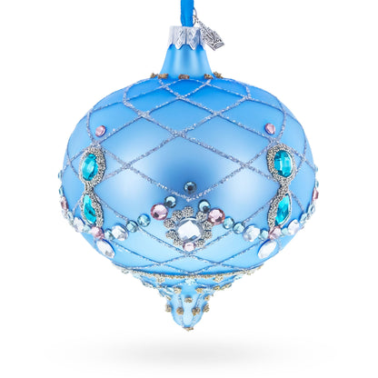 Blue Jeweled Lattice Diamond Onion-Shape Finial Glass Christmas Ornament