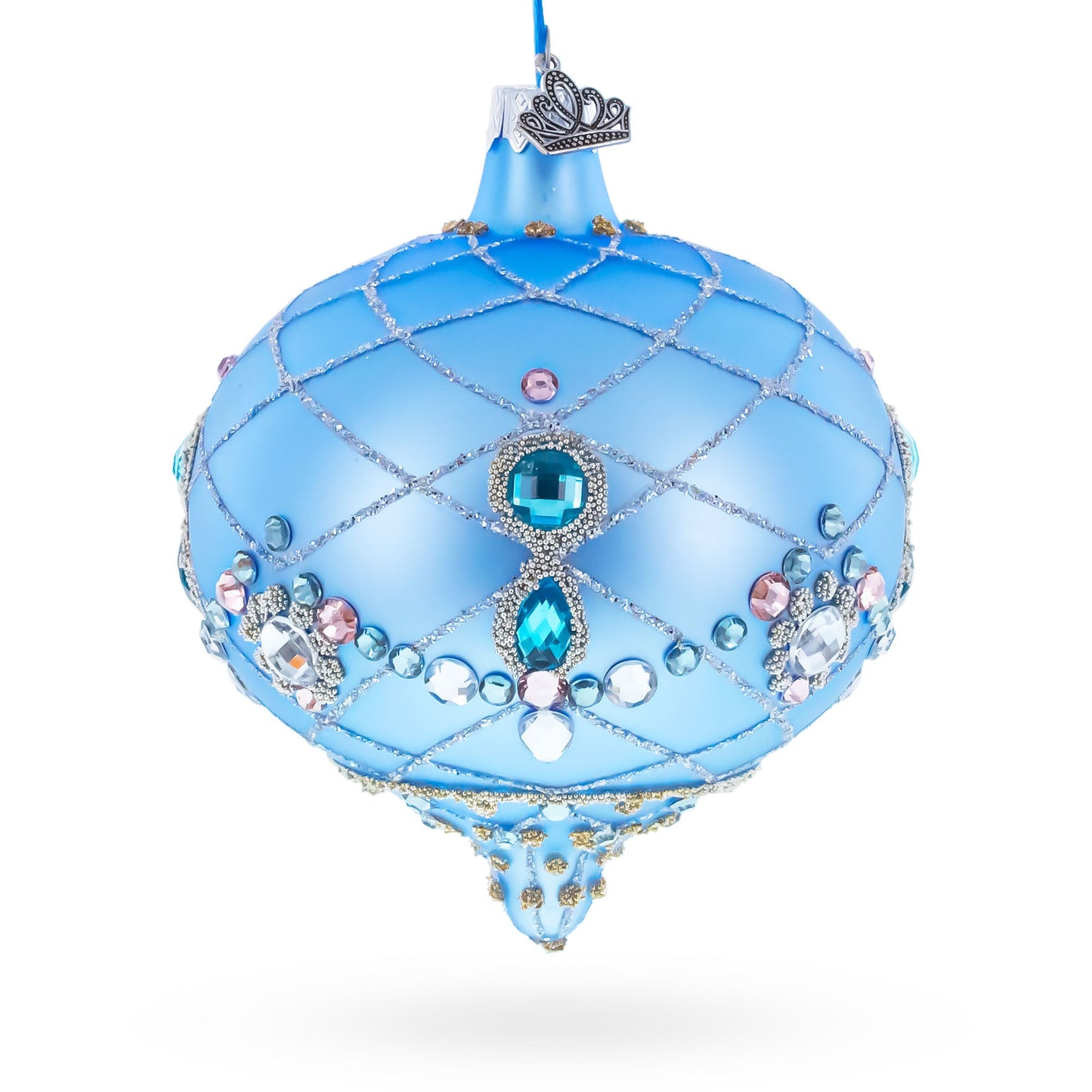 Blue Jeweled Lattice Diamond Onion-Shape Finial Glass Christmas Ornament