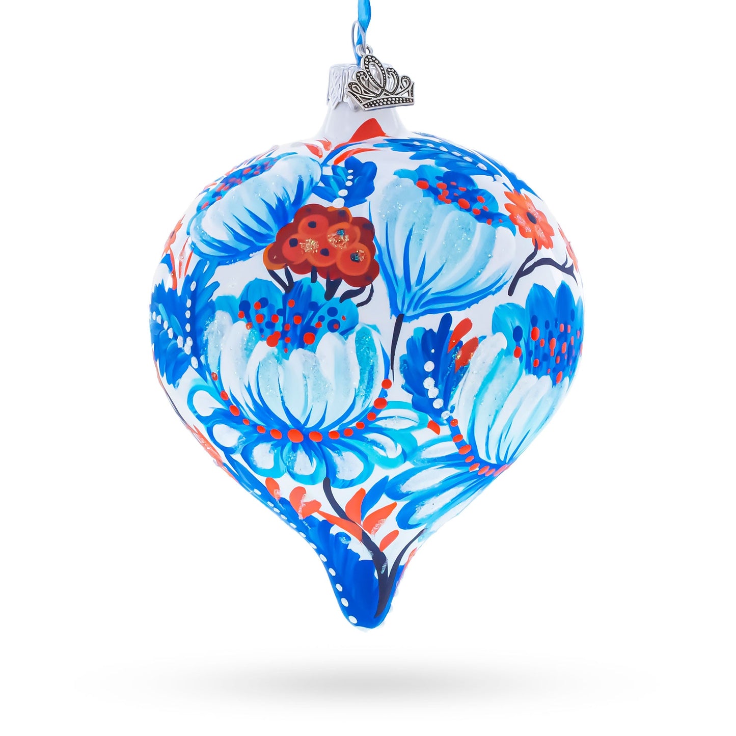 White and Blue Floral Blossom Onion-Shape Finial Glass Christmas Ornament
