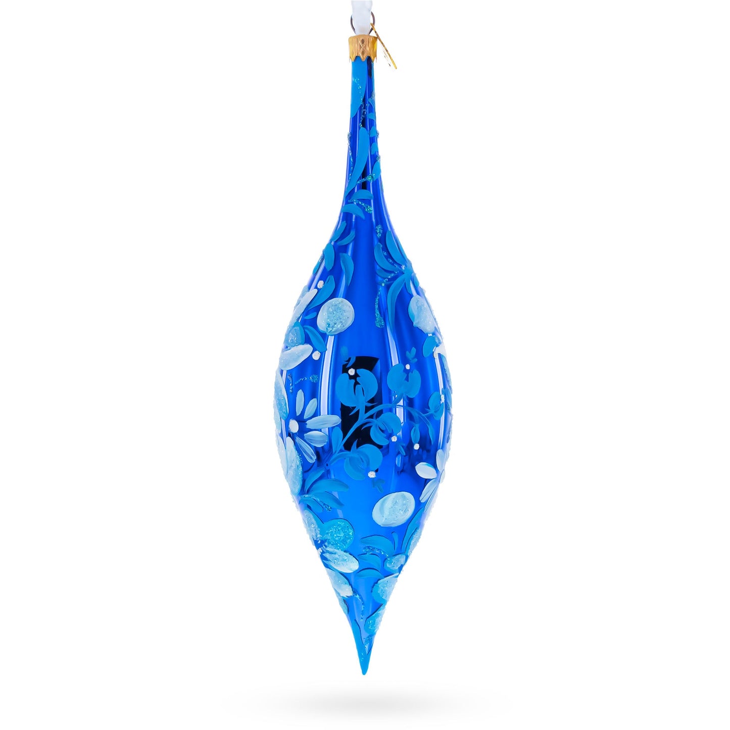White Petal Blossoms Metallic Blue Elongated Pointed Teardrop Finial Glass Christmas Ornament