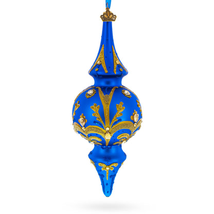 Jeweled Gold Scrollworks on Blue Double-Ended Finial Drop Glass Christmas Ornament