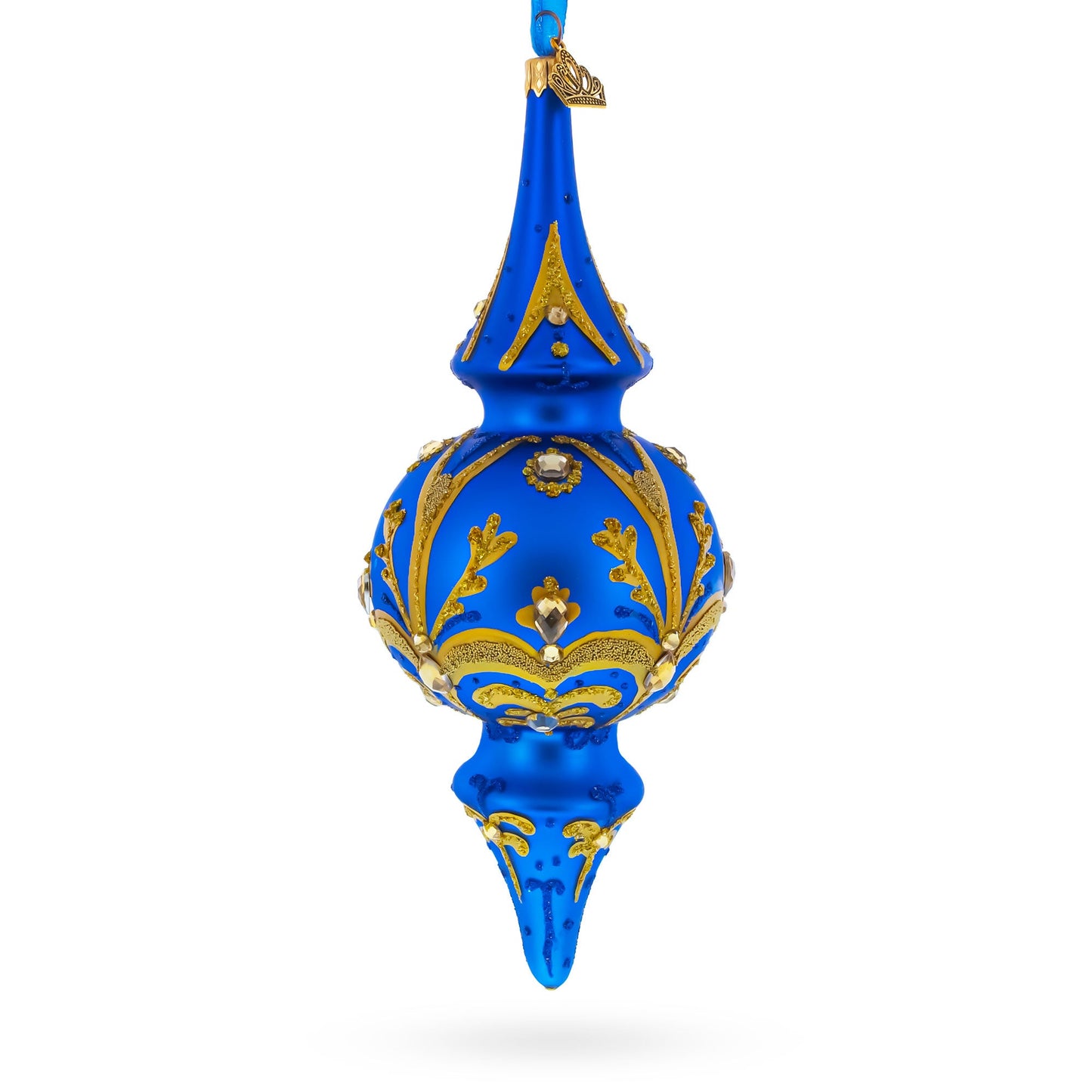 Jeweled Gold Scrollworks on Blue Double-Ended Finial Drop Glass Christmas Ornament