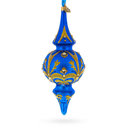 Jeweled Gold Scrollworks on Blue Double-Ended Finial Drop Glass Christmas Ornament