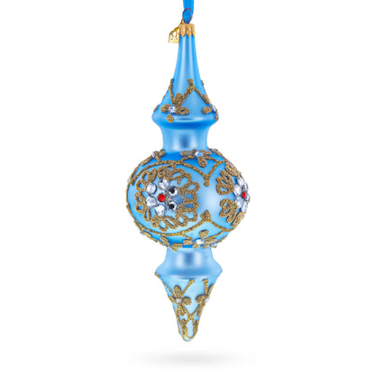 Royal Blue Jeweled Scroll Double-Ended Finial Drop Glass Christmas Ornament