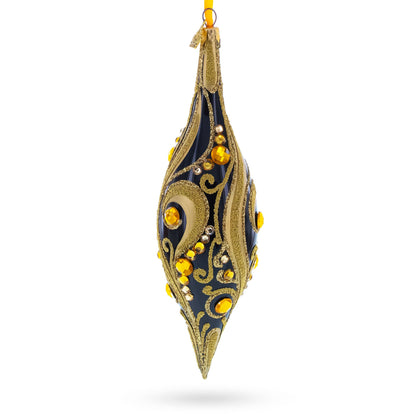 Black & Gold Jeweled Swirl Elongated Pointed Teardrop Finial Glass Christmas Ornament