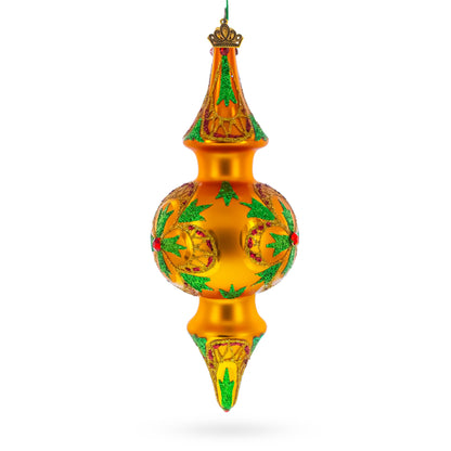 Golden Holly & Ivy Glitter Double-Ended Finial Drop Glass Christmas Ornament