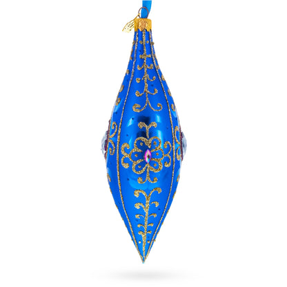 Royal Blue Jewel Scroll Elongated Pointed Teardrop Finial Glass Christmas Ornament
