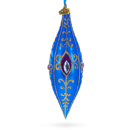 Royal Blue Jewel Scroll Elongated Pointed Teardrop Finial Glass Christmas Ornament