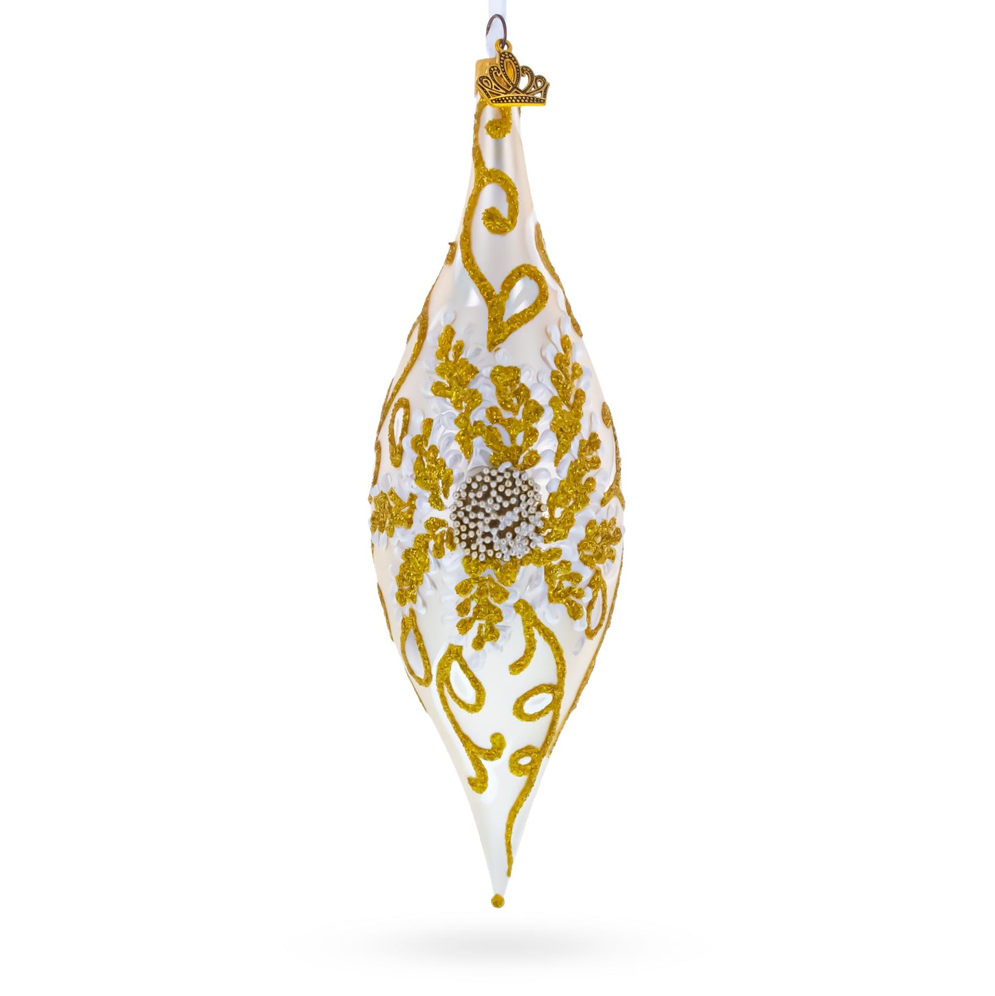 Ivory & Gold Pearl Embossed Elongated Pointed Teardrop Finial Glass Christmas Ornament