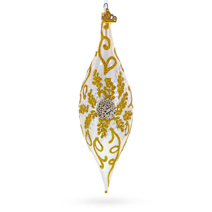Ivory & Gold Pearl Embossed Elongated Pointed Teardrop Finial Glass Christmas Ornament