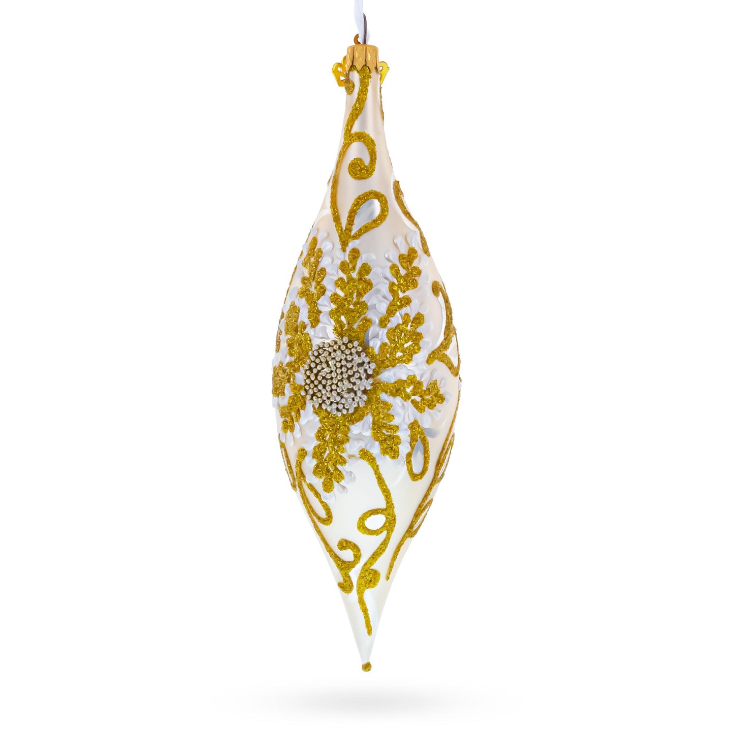Ivory & Gold Pearl Embossed Elongated Pointed Teardrop Finial Glass Christmas Ornament
