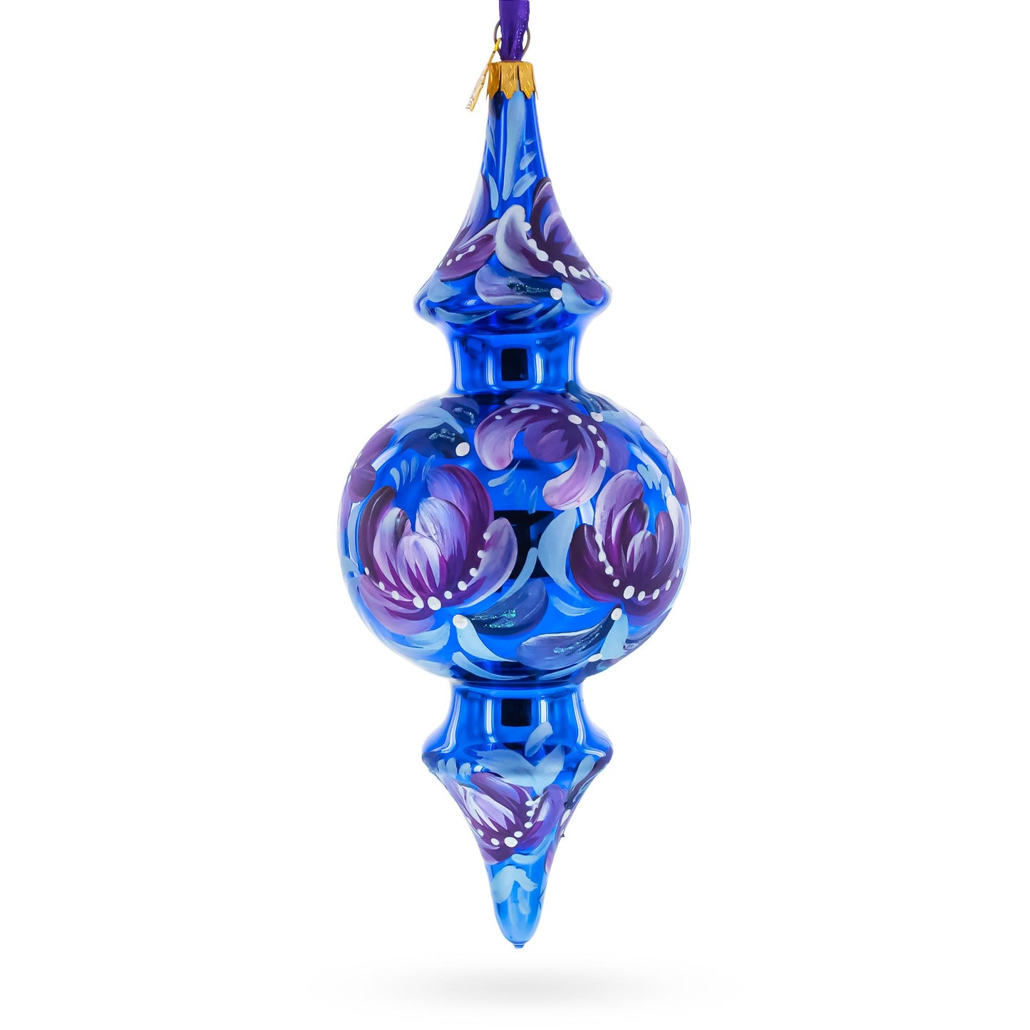 Cobalt Blue Floral Double-Ended Finial Drop Glass Christmas Ornament