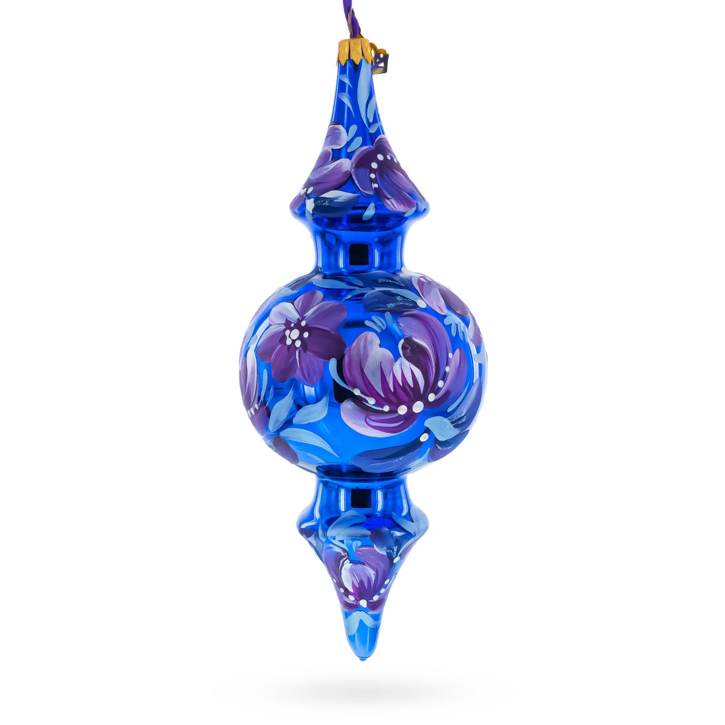 Cobalt Blue Floral Double-Ended Finial Drop Glass Christmas Ornament