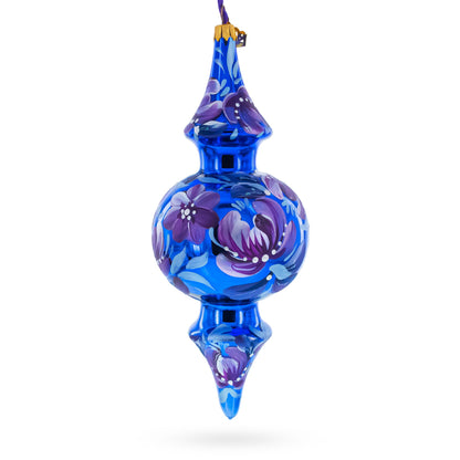 Cobalt Blue Floral Double-Ended Finial Drop Glass Christmas Ornament
