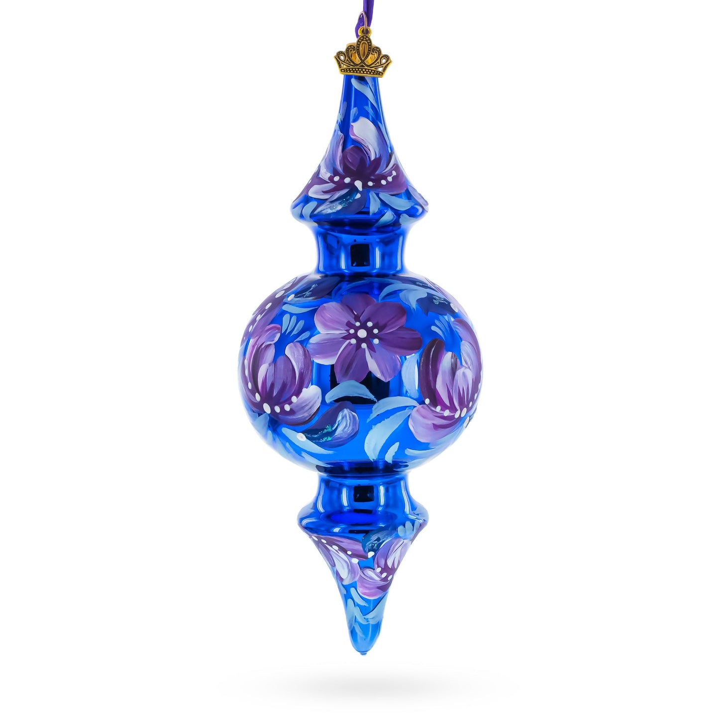 Cobalt Blue Floral Double-Ended Finial Drop Glass Christmas Ornament
