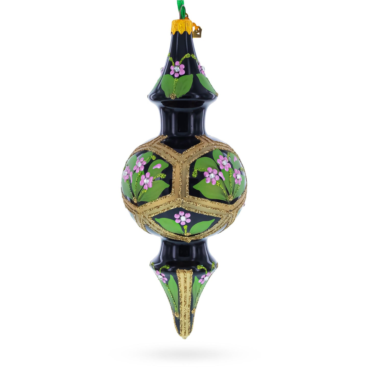 Black & Gold Floral Medallion Double-Ended Finial Drop Glass Christmas Ornament