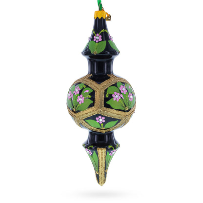 Black & Gold Floral Medallion Double-Ended Finial Drop Glass Christmas Ornament