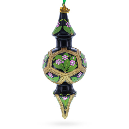 Black & Gold Floral Medallion Double-Ended Finial Drop Glass Christmas Ornament