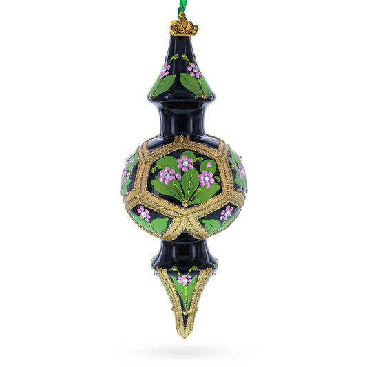 Black & Gold Floral Medallion Double-Ended Finial Drop Glass Christmas Ornament