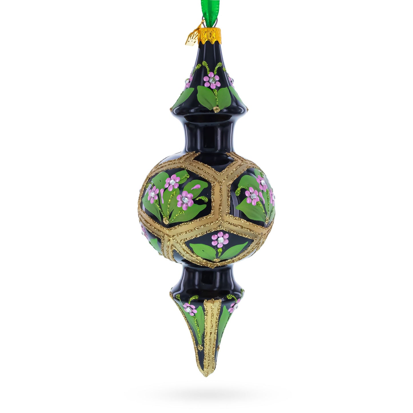 Black & Gold Floral Medallion Double-Ended Finial Drop Glass Christmas Ornament