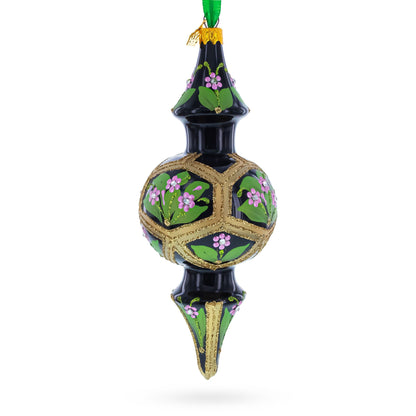 Black & Gold Floral Medallion Double-Ended Finial Drop Glass Christmas Ornament