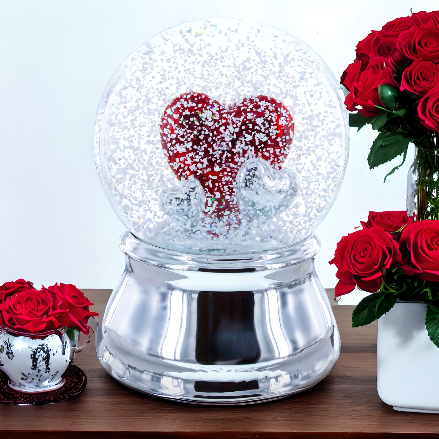 Romantic Red Heart in Love Glass Musical Water Snow Globe